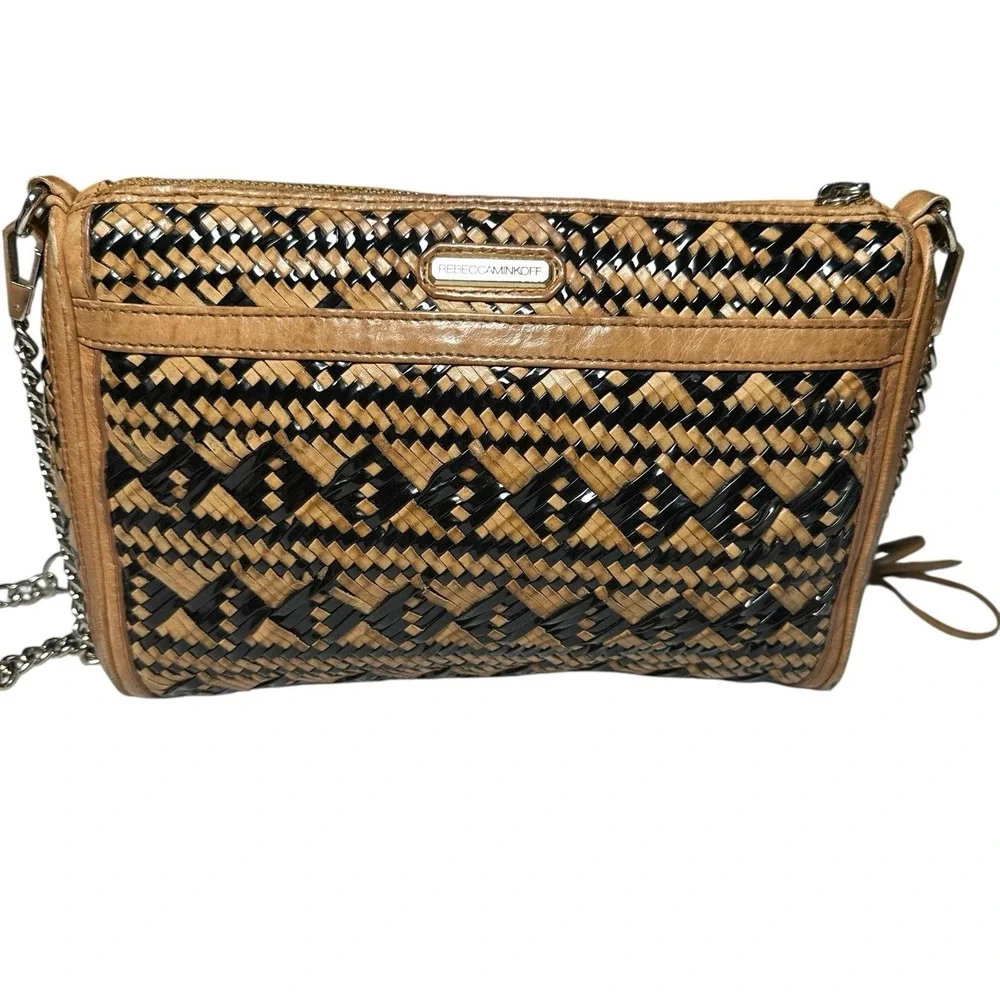 Rebecca Minkoff MAC Woven‎ Leather Crossbody Tan Black Chain Strap Shoulder Bag